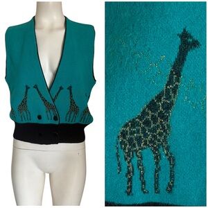 Vintage 80’s Eiffel Teal Metallic Giraffe Sweater Vest Knit Jacket S - M